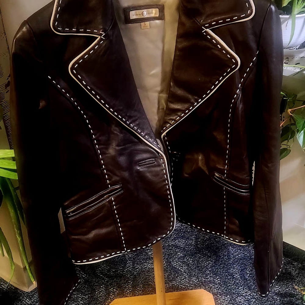 Elegant Brown Leather Jacket with White Stitching